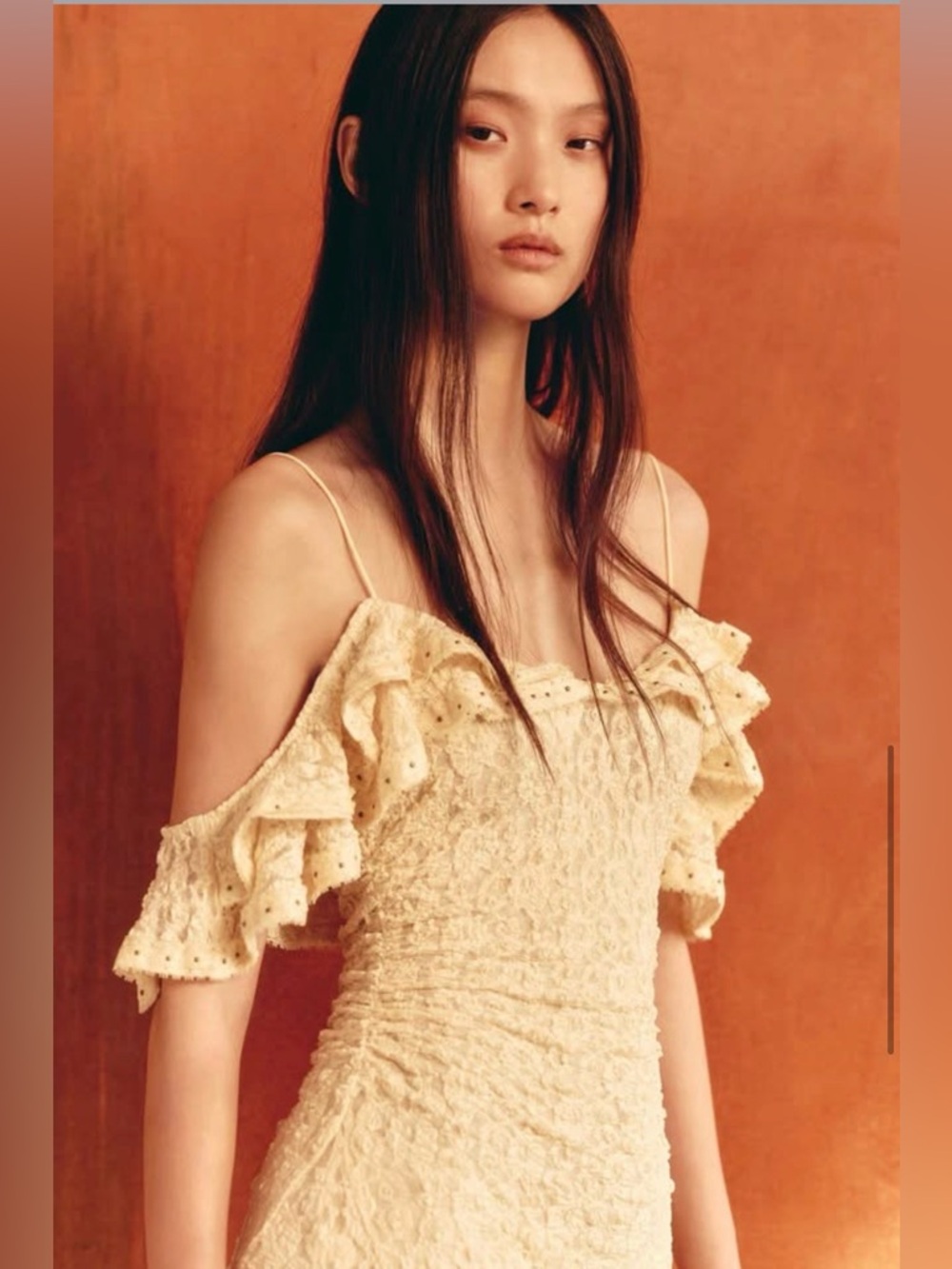 ZARA Studded Yellow Lace Dress Off-The- Shoulder Ruffles, NWT